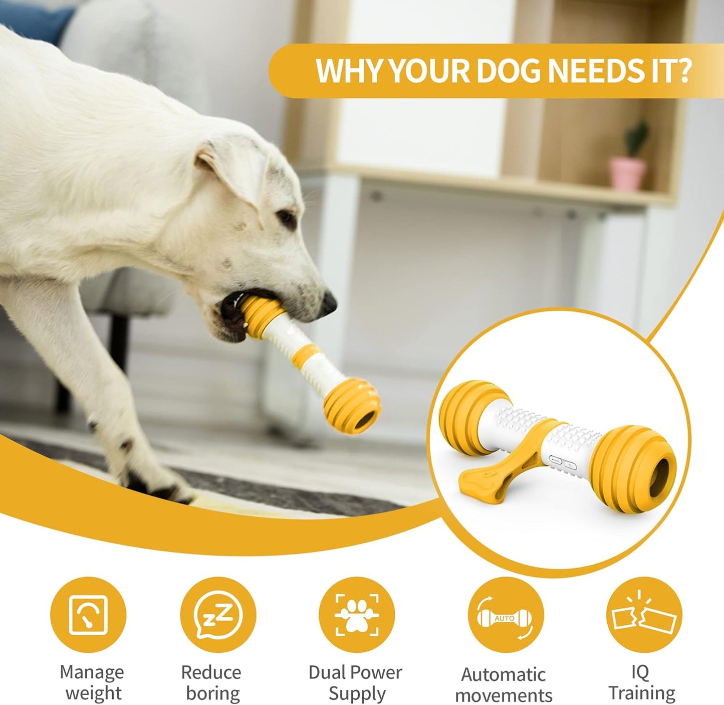 Interactive Dog Toys, Motion Activated Electronic Dog Toy Interactive Dog Bone Toys for Medium Large Dogs, USB Rechargeable Automatic Dog Toy for Boredom and Stimulating (Yellow)